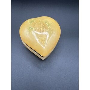Vintage Genuine Alabaster Hand Carved In Italy Heart Shaped Trinket Box hinged